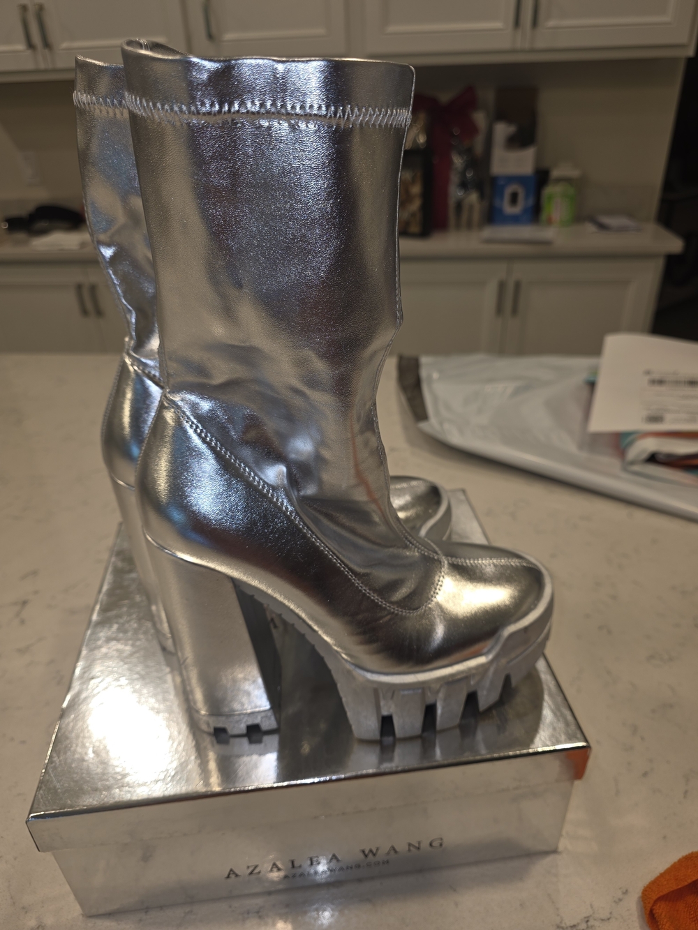AZALEA WANG Silver Chunky Platform Mid-Calf Heeled Boots